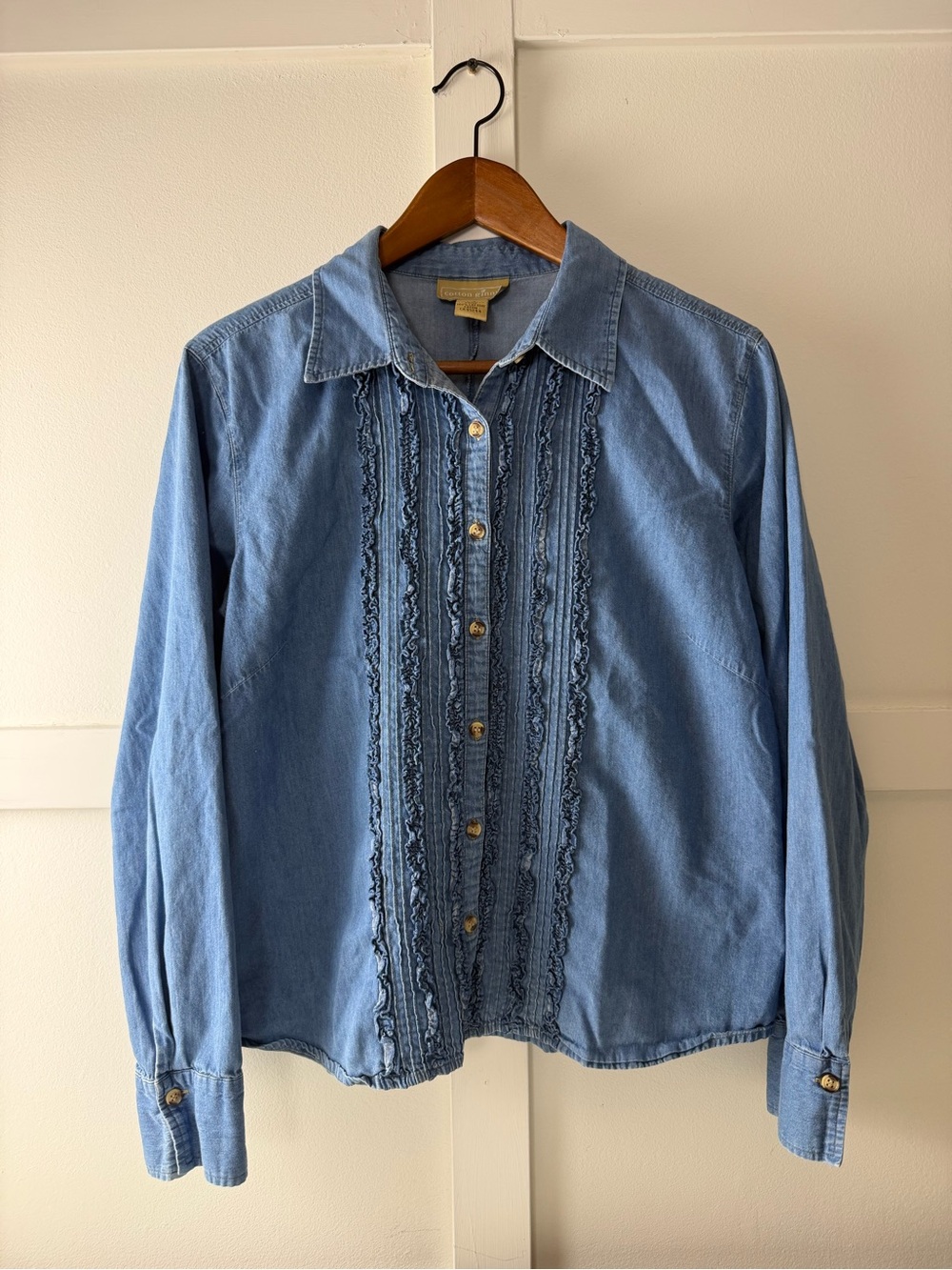 Cotton Ginny Blue Denim Ruffle Pintuck Button Front Shirt Large